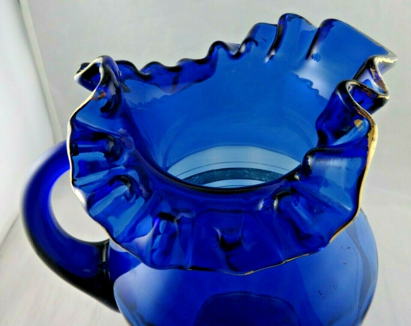 Antique Depression Ruffled Cobalt Blue Glass & Gold Trim Pitcher