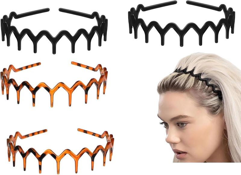 Zig Zag Headbands for Women Teen Girls Men, 4 Pcs Plastic Hair Bands with Teeth