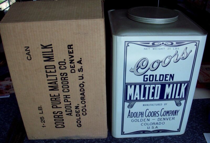 Mint Coors Malted Milk Tin, Large 25 Pound Size, Original Shipping Box, Colorado