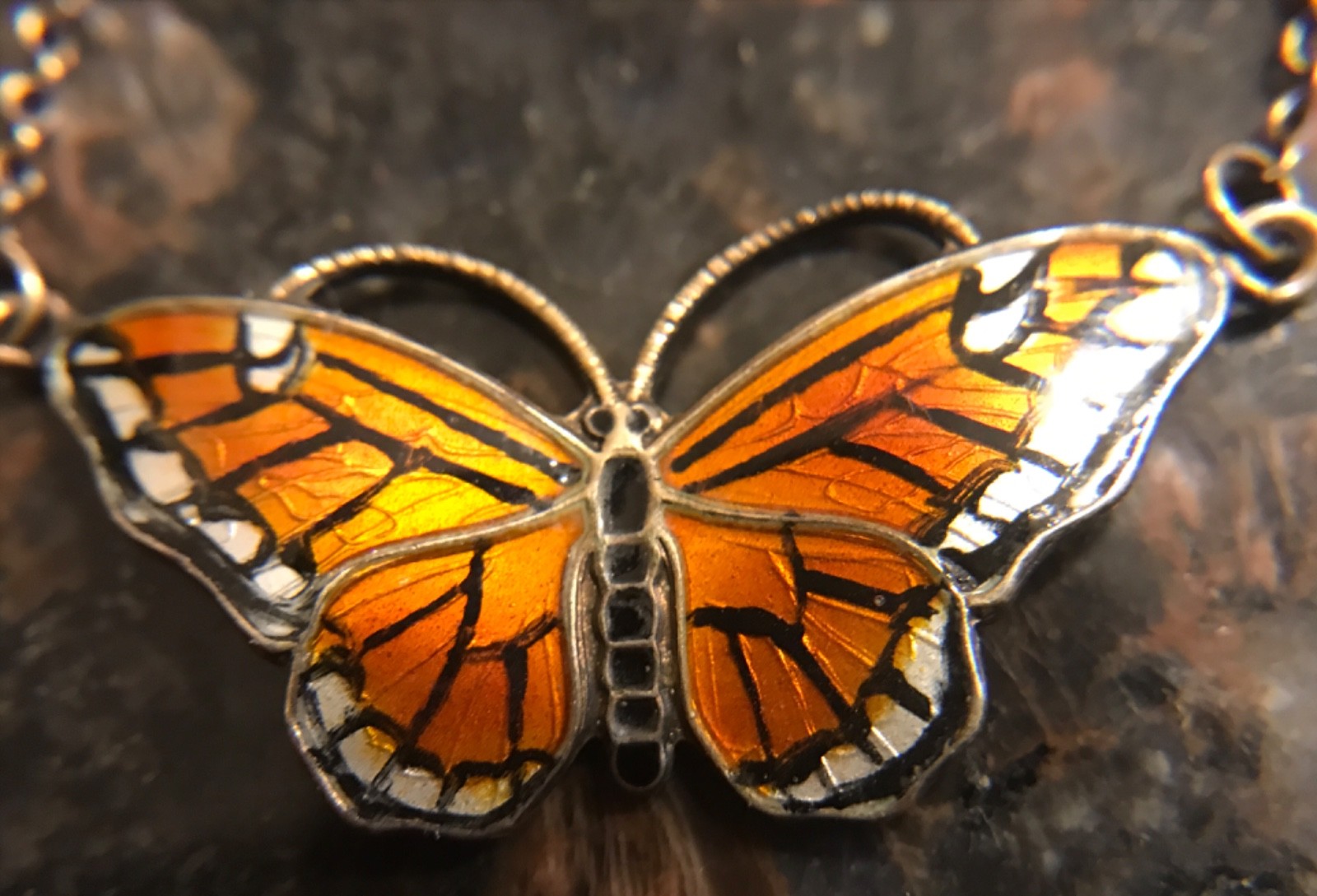 Scandinavian Sterling Monarch Enamel Finn Jensen Butterfly Necklace Norway