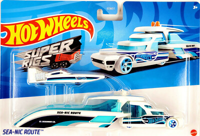 2022 Hot Wheels Super Rigs ''Sea-Nic Route'' Yacht   Boat Hauler Truck w/ Trailer