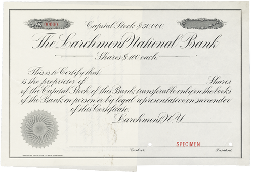 The Larchmont National Bank. Stock Certificate.