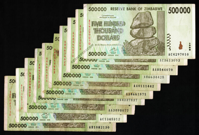 500,000 Zimbabwe Dollars x 10 Banknotes 2008 10PCS Currency 100% Authentic + COA