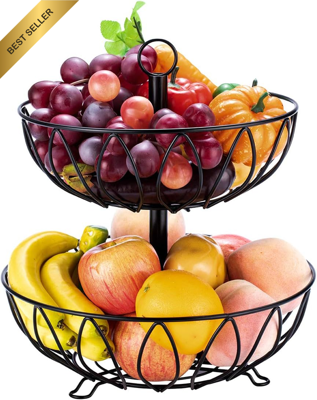 (2 Tier-Black) - Fruit Stand Vegetables Basket Counter Top Fruit Basket Bowl Sto