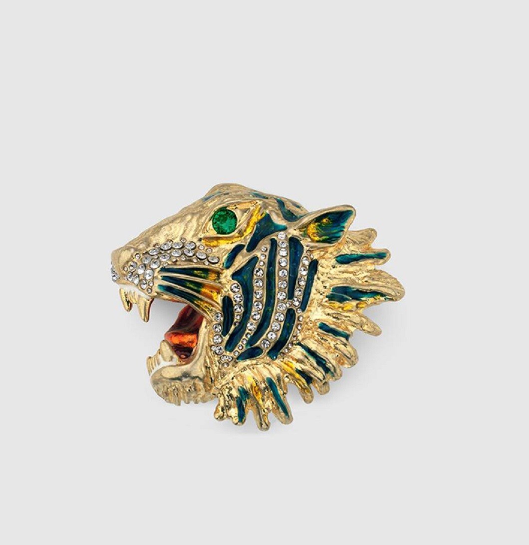 Pre-owned Gucci Women's Bronze Rajah Tiger Head Ring With Crystals S 539159 8488 In Green