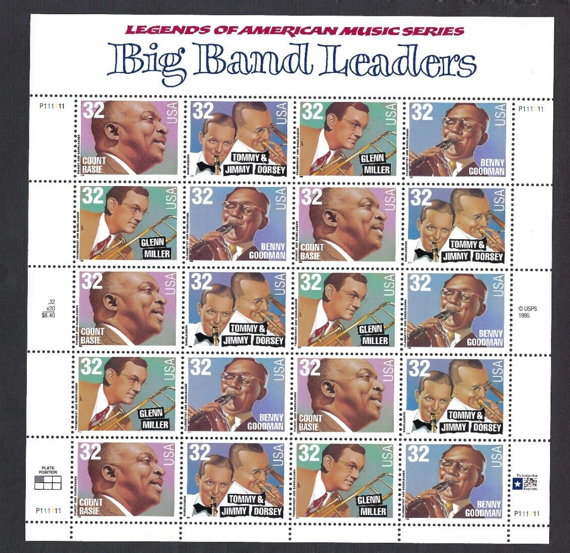 US Scott# 3099a 1996 32c Booklet Pane of 20 Big Band Leaders P#P111111 UL MNH VF