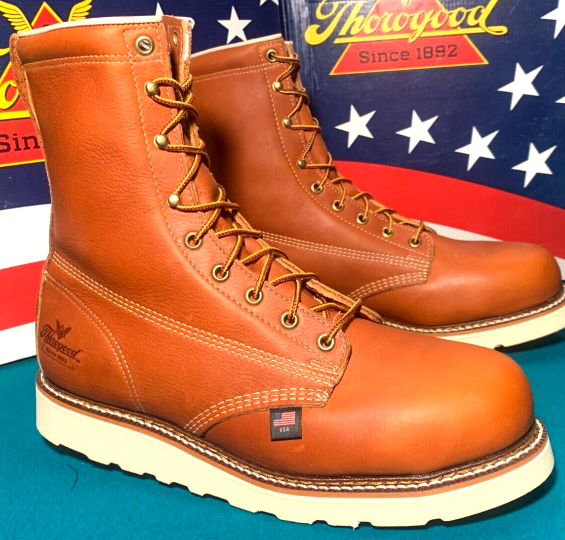 Pre-owned Thorogood Men Size 9 1/2 D 804-4364 Steel Plain Toe Wedge Bottom Boots Union Usa In Full Grain Tobacco Oil Tanned Leather