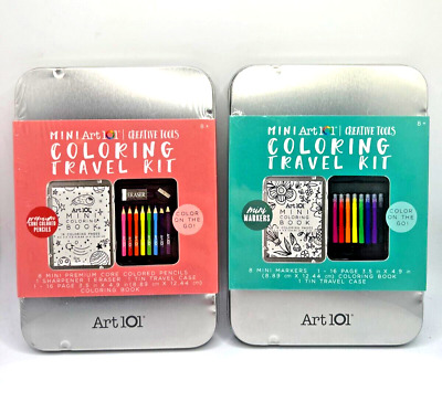 ART 101 mini TRAVEL KITS in TIN COLORING BOOK , 8 PENCILS  8 MARKERS  2 TINS NEW
