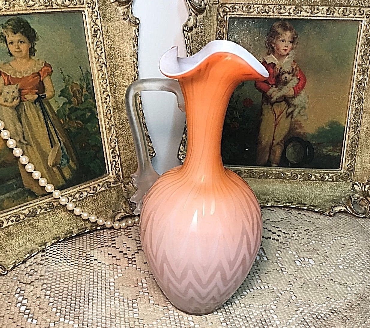 Mt. Washington Style Pink Satin Zig Zag HERRINGBONE DESIGN Glass Vase