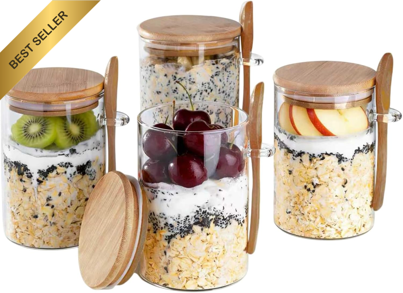 Overnight Oats Container Jar, 4 Pack 16Oz, Glass Food Storage Containers with Li