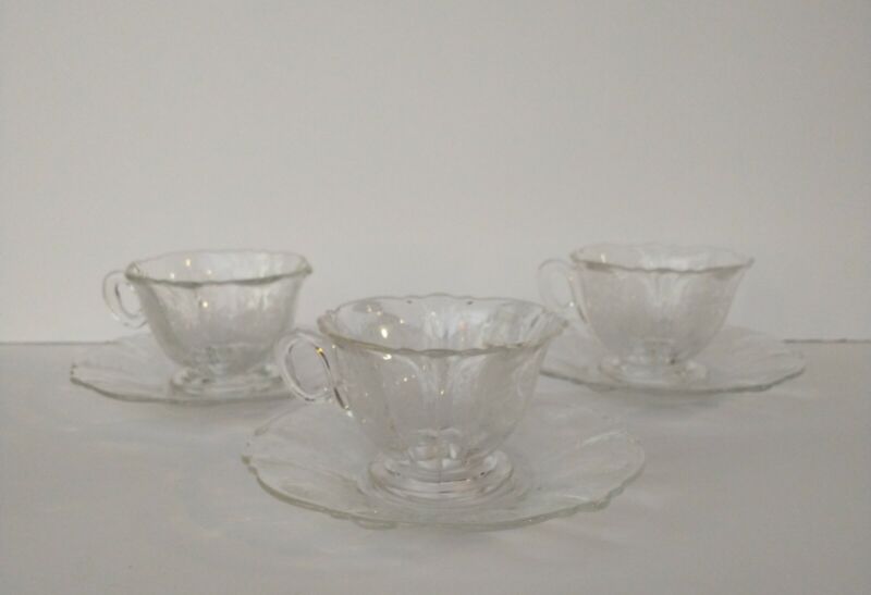 Vintage Heisey Orchid Cup & Saucer Sets ~ 3 Queen Ann Cups & Saucers Clear Glass