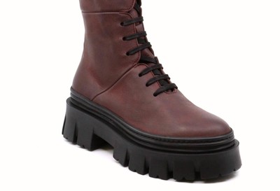 Pre-owned Lofina Chunky Leather Lace Up Boots In Gas Melanzana - Size 40 In Brown