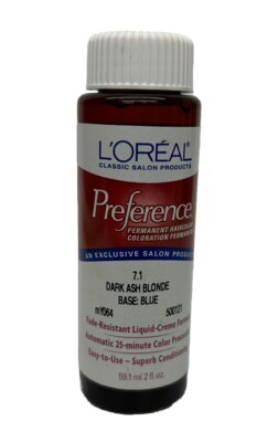 LOREAL PREFERENCE Permanent Hair Color Liquid Dark Ash Blonde 7.1 Blue Base 2 Oz