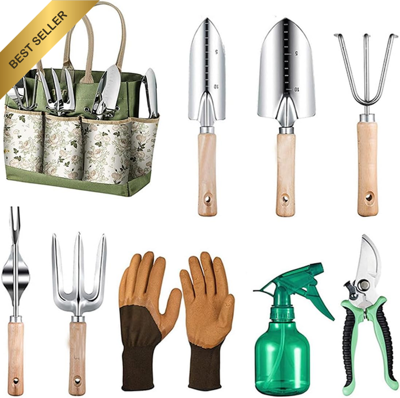 9 Piece Garden Tools Heavy Duty Gardening Hand Tools with Floral Organizer Tote
