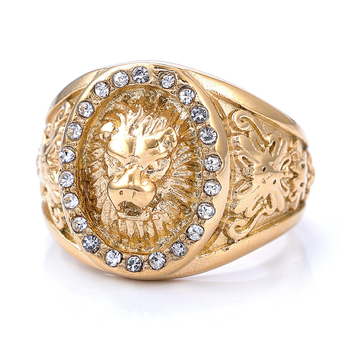 Gorgeous Round CZ Gold Plated Lion Head Ring Stainless Steel