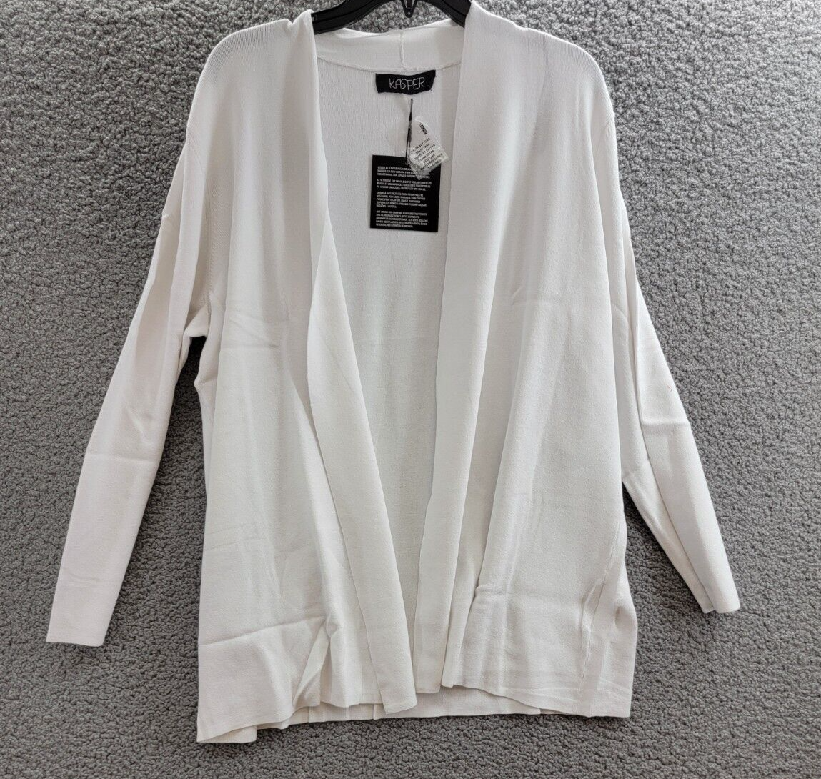 Kasper Open-Front Long-Sleeve Sweater Women's XL White Solid Collarless Pull On - Picture 2 of 16