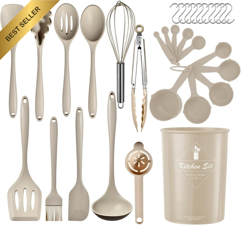 32 Pcs Silicone Cooking Utensils Set - Kitchen Utensils for Cooking Wooden Handl