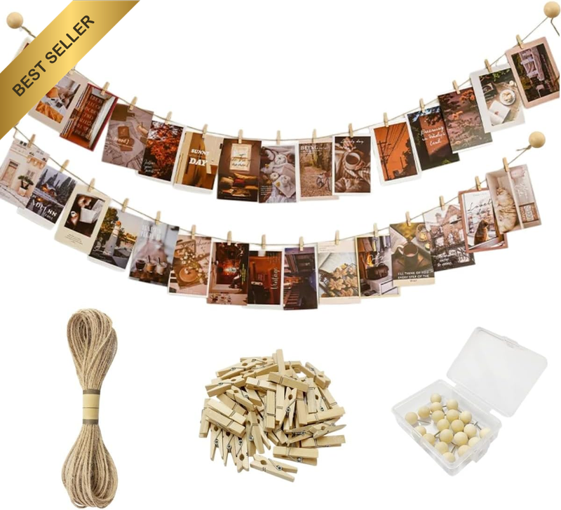 Photo Hanging Display Kit with 50 Clips, String Wall Decor for Artwork and Famil