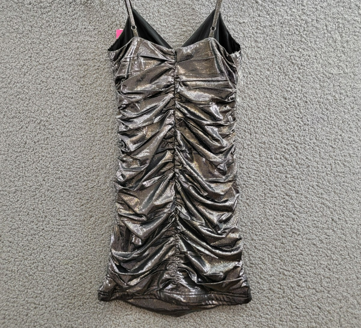 With Jules Metallic Ruched Mini Dress Big Girls XL Black Surplice Neck Back Zip - Picture 9 of 16