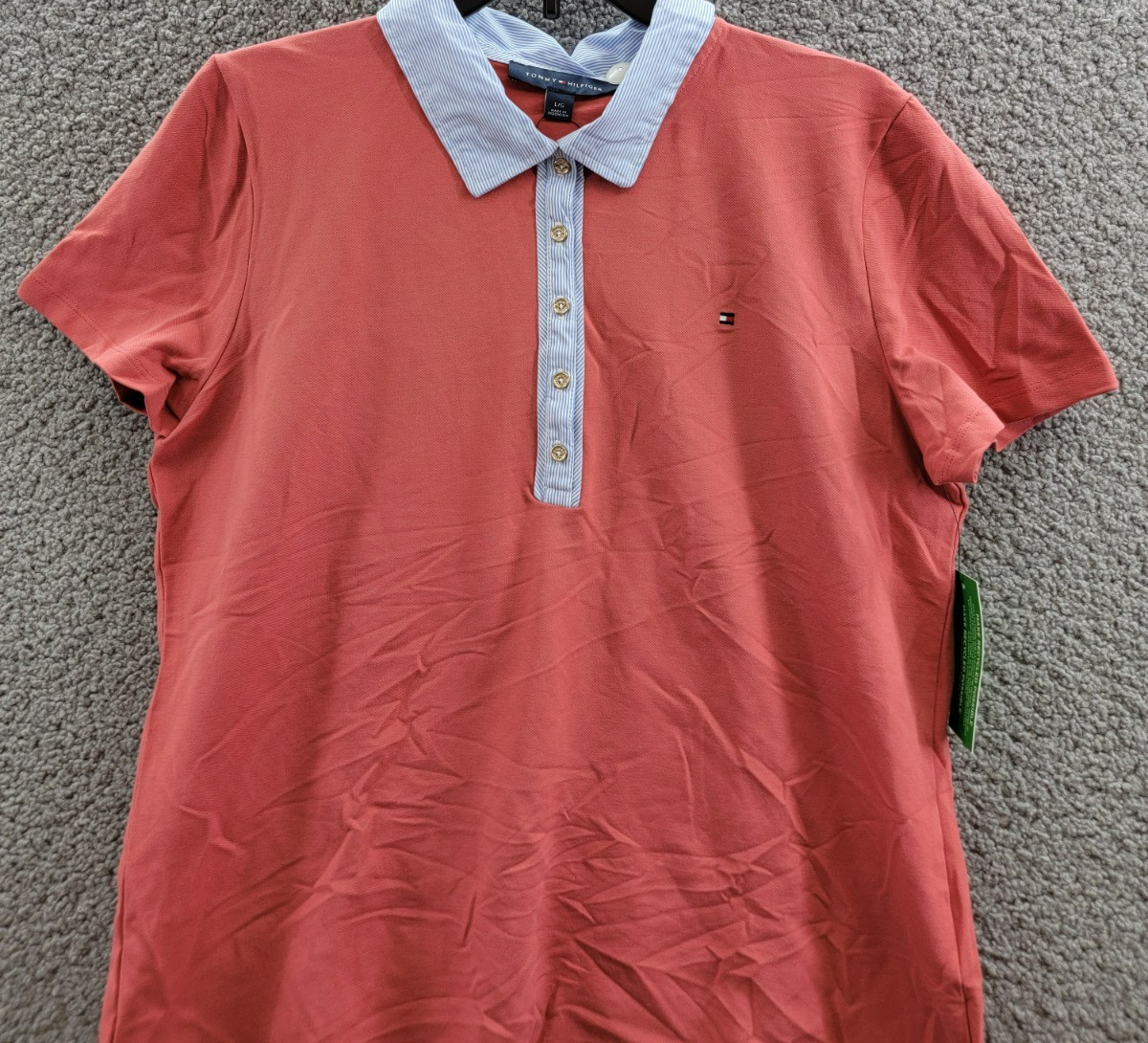 Tommy Hilfiger Striped-Collar Polo Shirt Women's L Min Red Short Sleeve Pullover - Picture 3 of 18