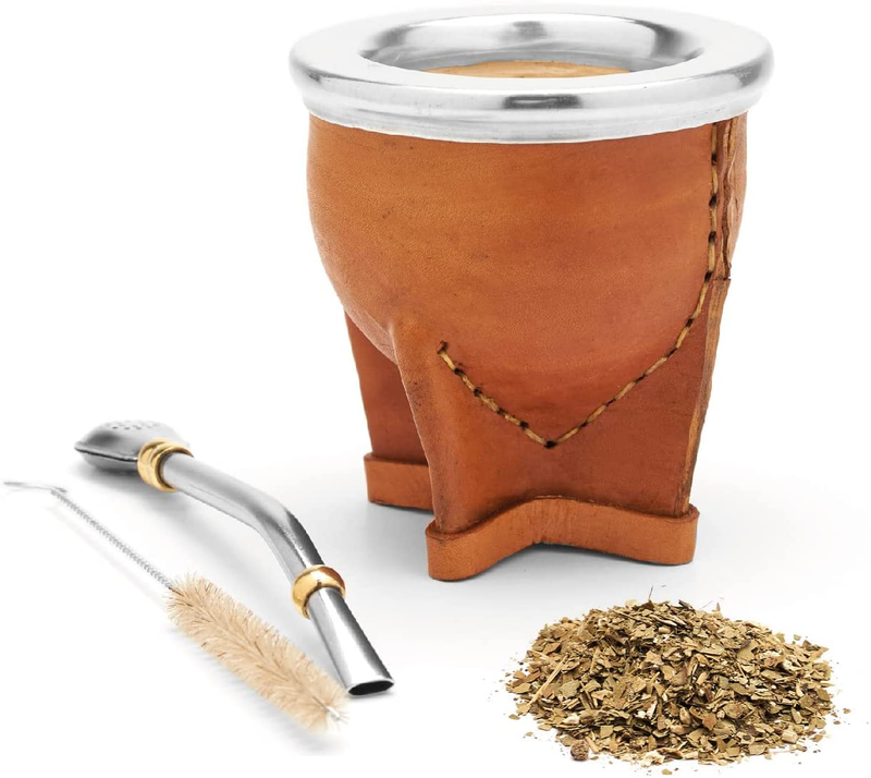 Leather Wrapped Handmade Yerba Mate Gourd (Mate Cup) with Bo