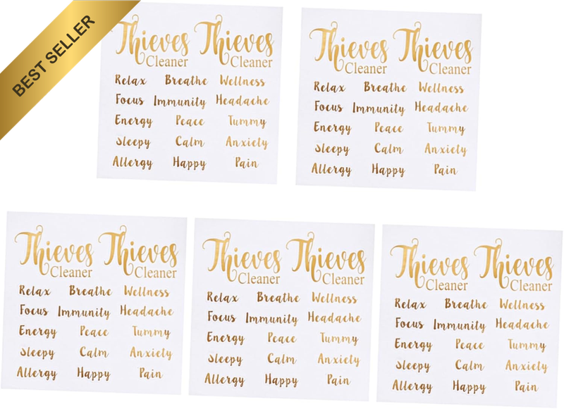 5 Sheets Letter Essential Oil Bottle Labels - 75Pcs Self‑Adhesive Gold Script St