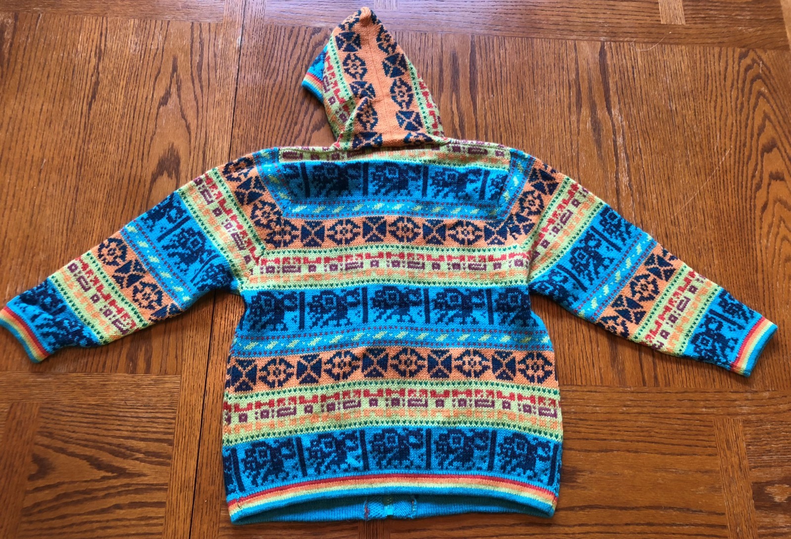 Girl's knitted hooded sweater - size 12  - blue/orange - front zipper
