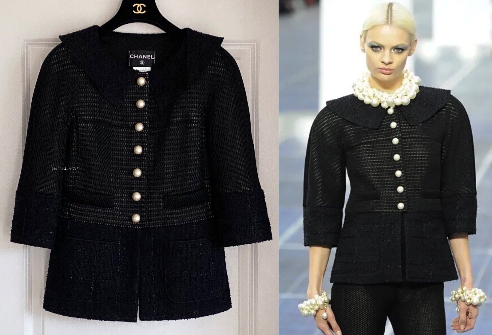 CHANEL 13P RUNWAY BLACK TWEED MESH WHITE PEARL BUTTONS CHANEL 13P RUNWAY BLACK TWEED MESH WHITE PEARL BUTTONS