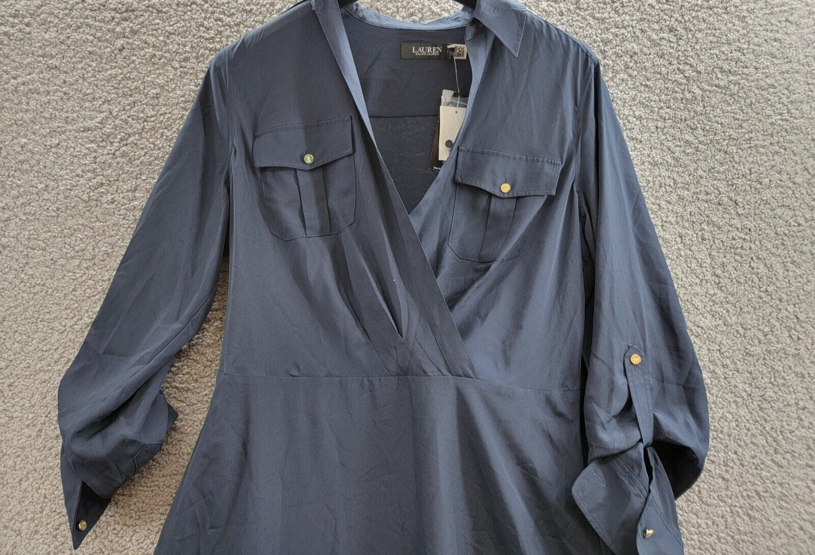 Lauren Ralph Lauren Crepe Shirtdress Women's 10 Navy Collared Side Zip Closure - Picture 3 of 19