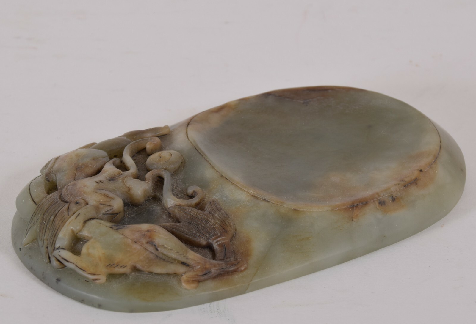 Antique Chinese Jade Ink Stone Dragon Chasing Flaming Pearl 4 Character Seal Mk