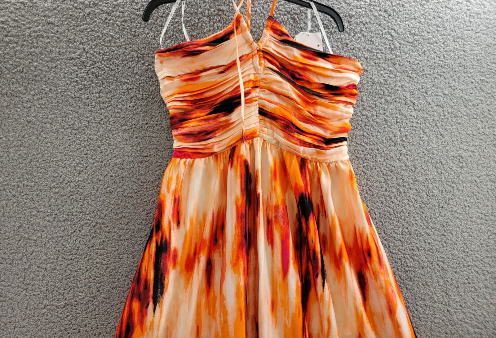 DKNY Printed Satin Strappy Halter Maxi Dress Women's L Orange Blossom Back Tie - Picture 3 of 14