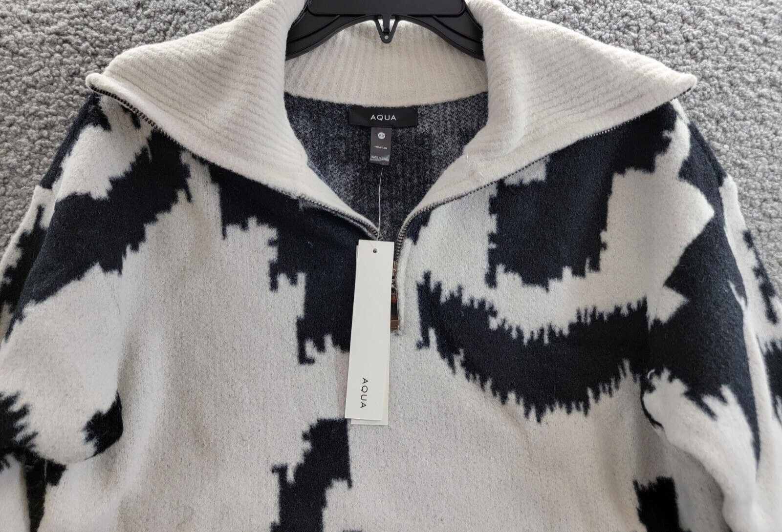 AQUA Quarter Zip Sweater Women's XS Cement Black/Ivory Long Sleeve Pullover - Picture 3 of 16