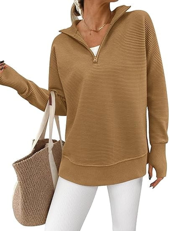 Womens Long Sleeve Quarter Zip Pullover Sweater Casual Loose V Neck Collared Rib