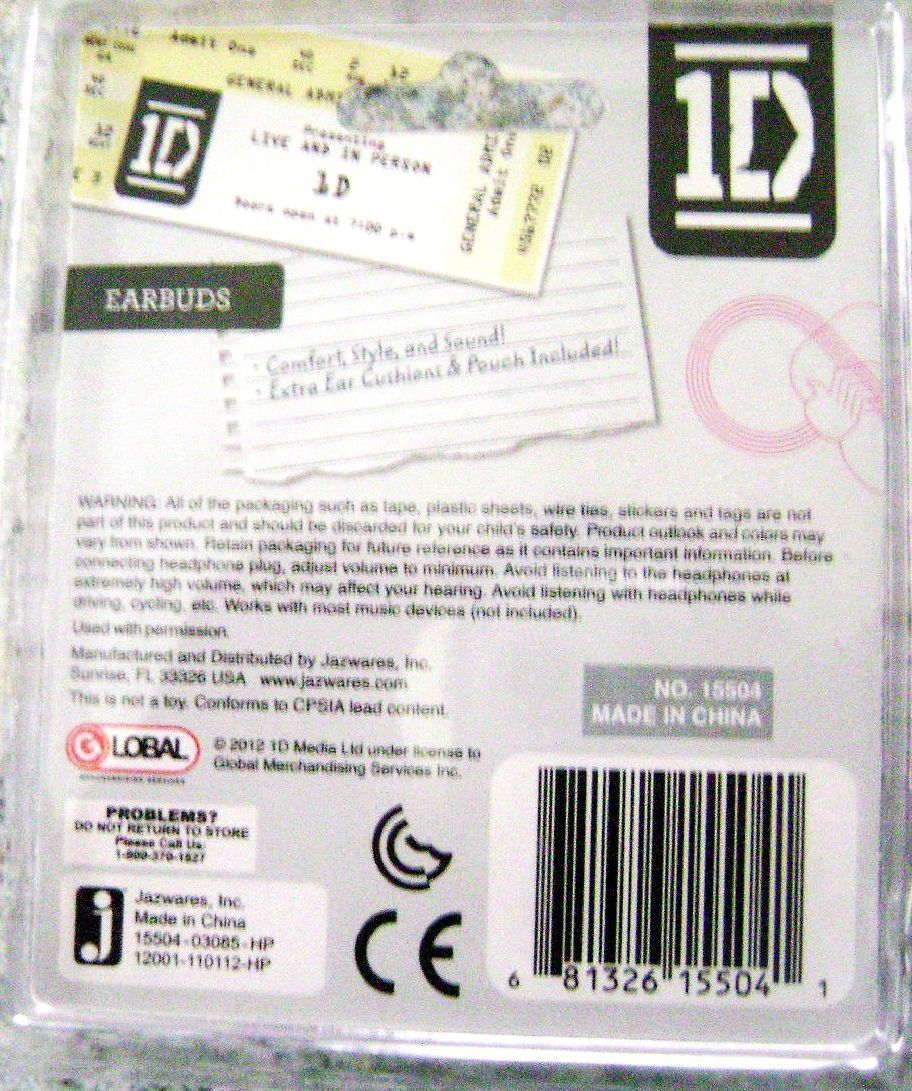 One Direction  1D Earbuds Set wExtra Ear Cushions & Pouch Included