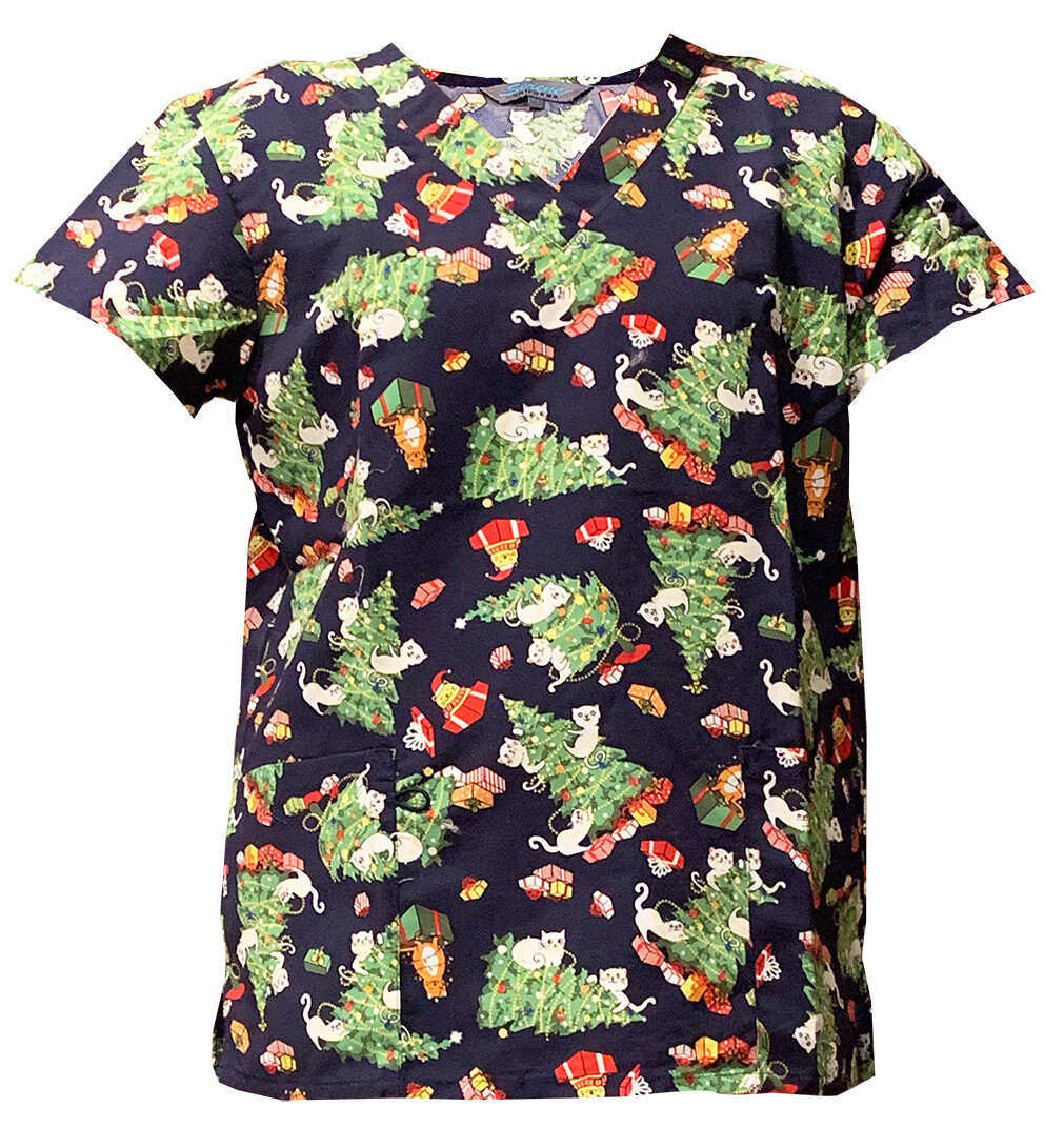 

Женская мода Рождественский медицинский скраб Meow Naughty Christmas Navy, Многоцветный