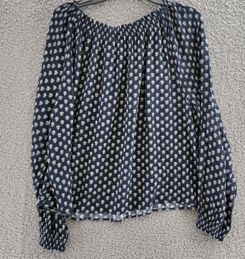 Faherty Emery Floral Peasant Blouse Women's Navy Smocked Split Neck Long Sleeve - Picture 10 of 16