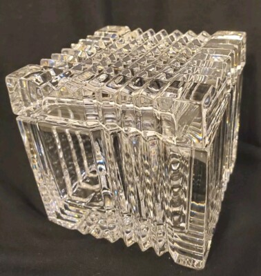 Mikasa Crystal Glass Cube Jewelry Trinket Lidded Gift Box 3.25  Geometric Design