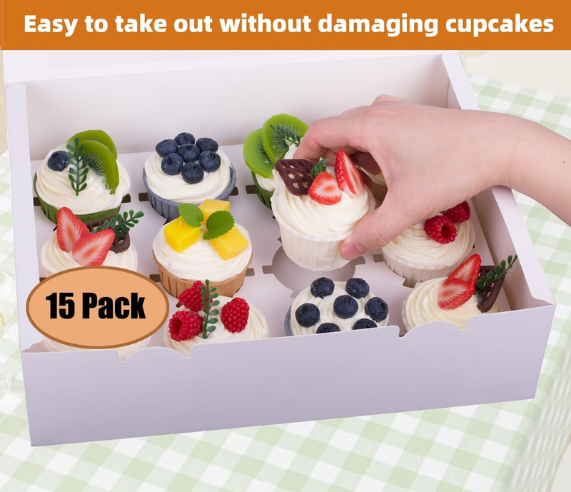 15-Set Cupcake Boxes Hold 12 Standard Cupcakes, Food Grade Cupcake Holders Baker