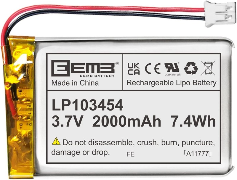 3.7V 2000 mAh Polymer Rechargeable Lithium-ion Battery LiPo with JST Connector