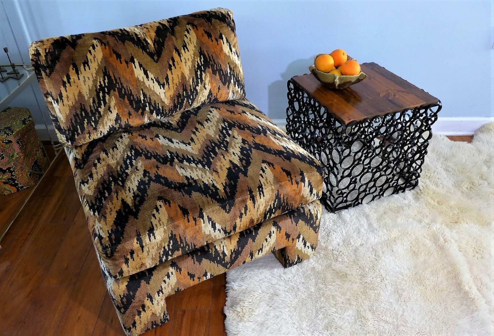 Pair of Velvet Flame Stitch Parsons Chairs Bargello Pattern Mid Century Modern 2