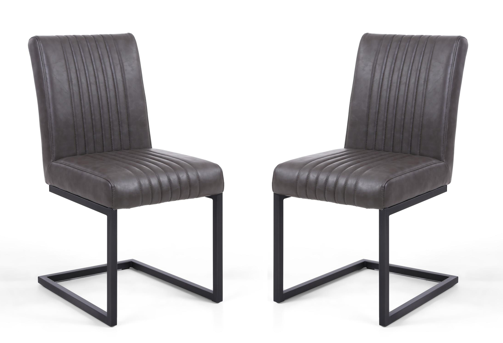 Grey Leather Pair of Dining Chairs Modern Deep Padding Cantilever Metal
