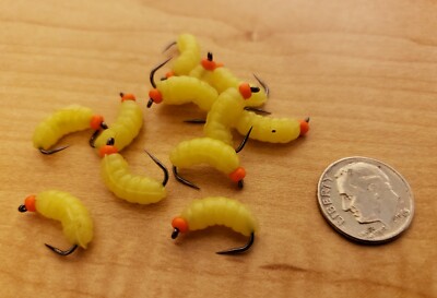 Trout Crappie Pan Fish 12 Orange BH Rubber Wax Worm Grub FL Yellow Wet Fly