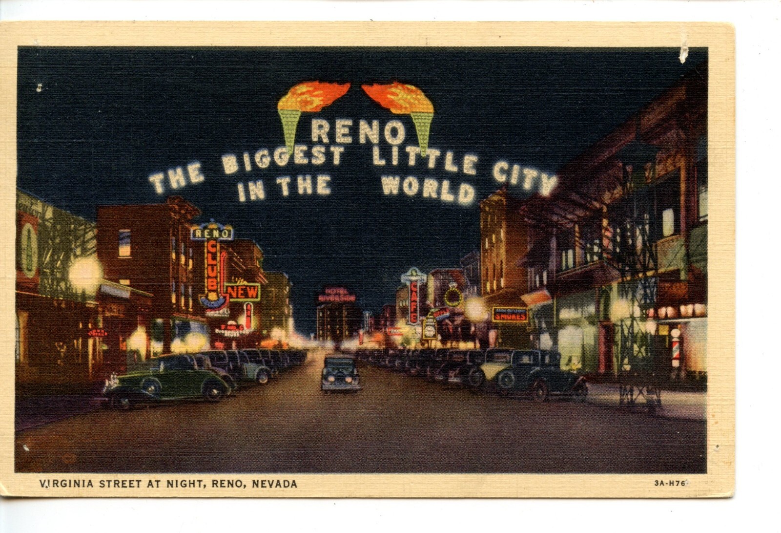 Virginia Street Scene at Night-Neon Signs-Reno-Nevada-Vintage 1936 Postcard
