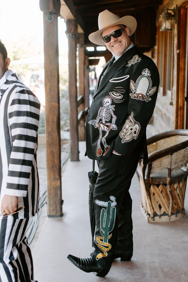 Pre-owned Art Men's Black 2pc Bespoke Country Western Suit Cowboy Skeleton Floral Embroidered