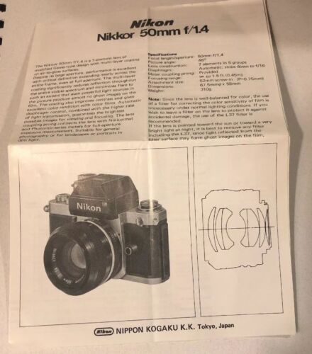 Nikon Nikkor 50mm f2 lens Instruction Manual Nikon genuine