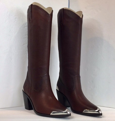 Pre-owned Frye Faye Metal Plate Pull On Western Boot $565 In Brown