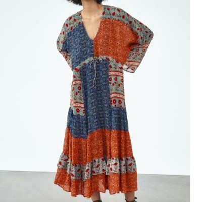 Zara Flowy Boho Floral Patchwork Print Midi Maxi Dress Size Small Blue Orange