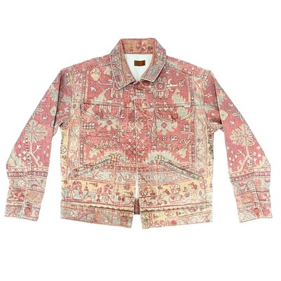 Pre-owned Mother Denim Mountain Drifter Geometric Denim Jacket Moroccan Rug Burn Size S In Red