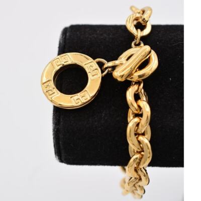 Givenchy Vintage Logo Bracelet GG Charm Gold Chain Toggle Signed 1980s BinO