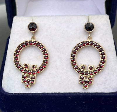 1920s Art Deco Jewelry: Earrings, Necklaces, Brooch, Bracelets Vtg Art Deco Bohemian Garnet Dangle Earrings, Threaded Posts, Sterling Vermeil $91.00 AT vintagedancer.com